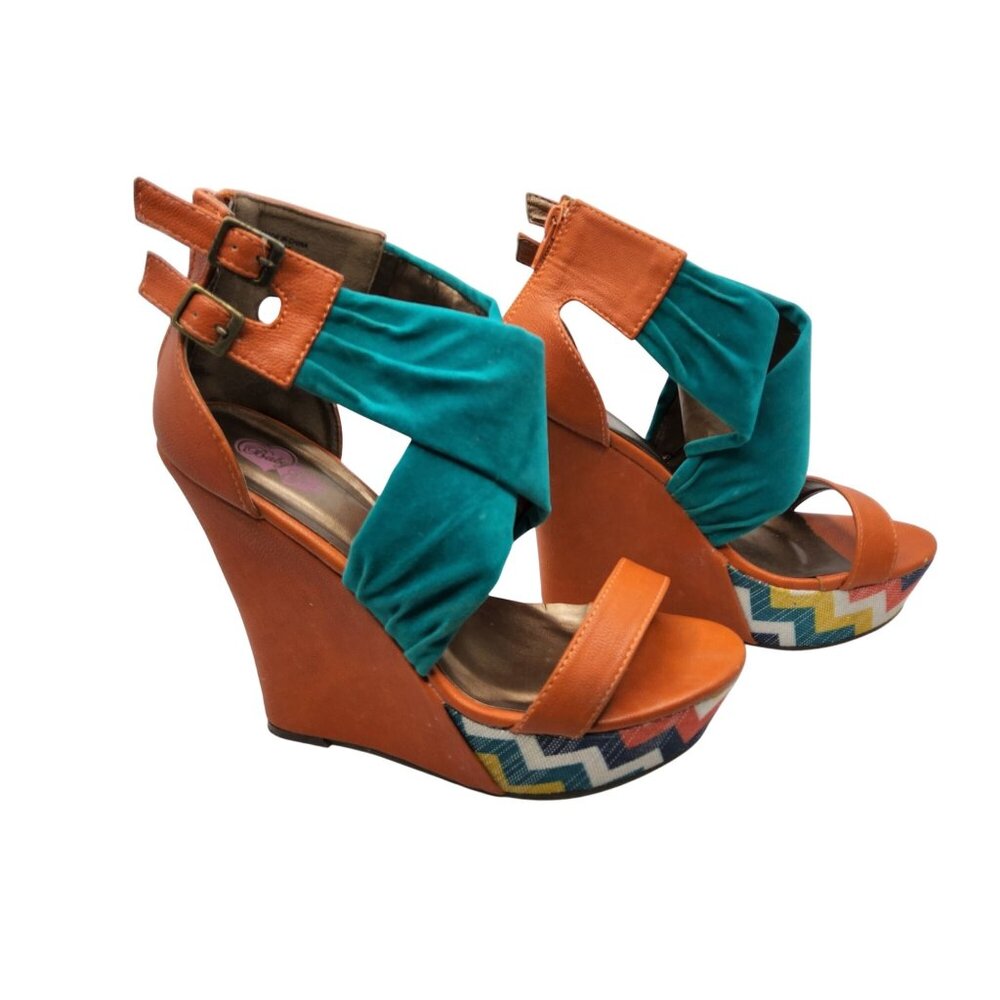 Baby Girl Green and Brown PU Leather 5" Wedge Heel Double Buckle Shoes